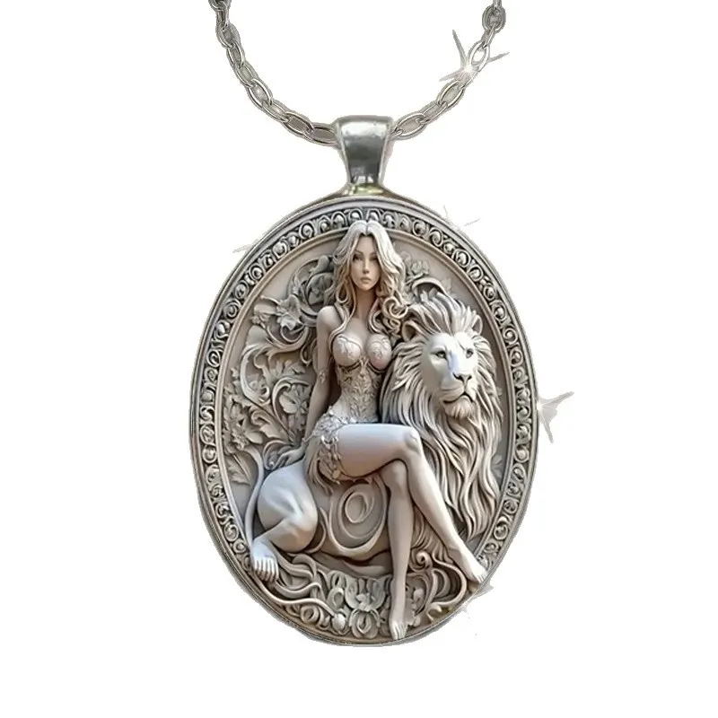 Beauty & Lion Oval Glass Pendant Necklace – Alloy Base with Lion & Woman Motif, Artistic Vintage Jewelry, Unique Gift for Strength & Grace Lovers